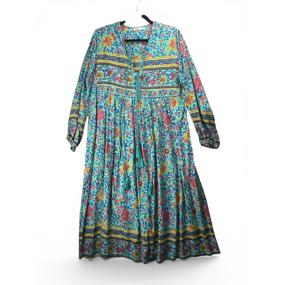R Vivimos Dresses & Skirts - Vivimos Boho Floral Print Long Sleeve Tassel Midi Dress Turquoise M